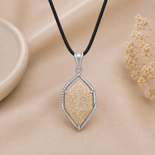 Marquise Fossil Coral Pendant, 925 Sterling Silver, Nature Stone Jewelry, Artisan Pendant