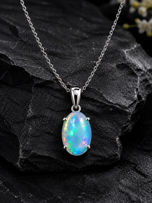 925 Sterling Silver Oval Opal Pendant Necklace, October Birthstone, Minimalist Solitaire Jewelry