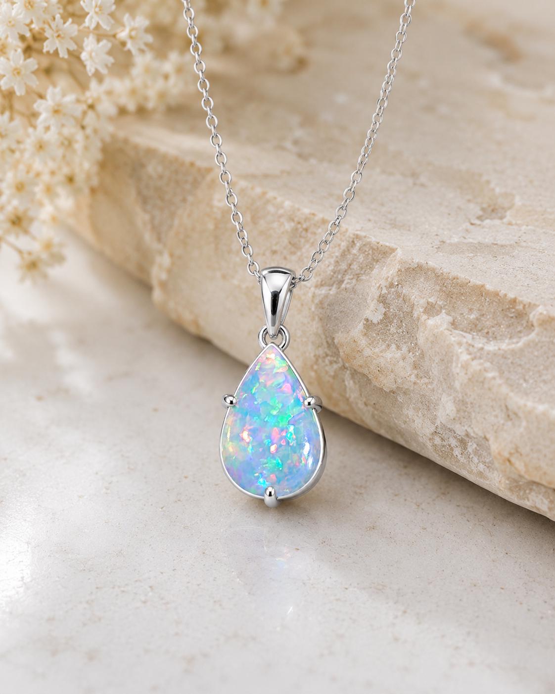 925 Sterling Silver Pear Opal Pendant Necklace, Teardrop October Birthstone Jewelry