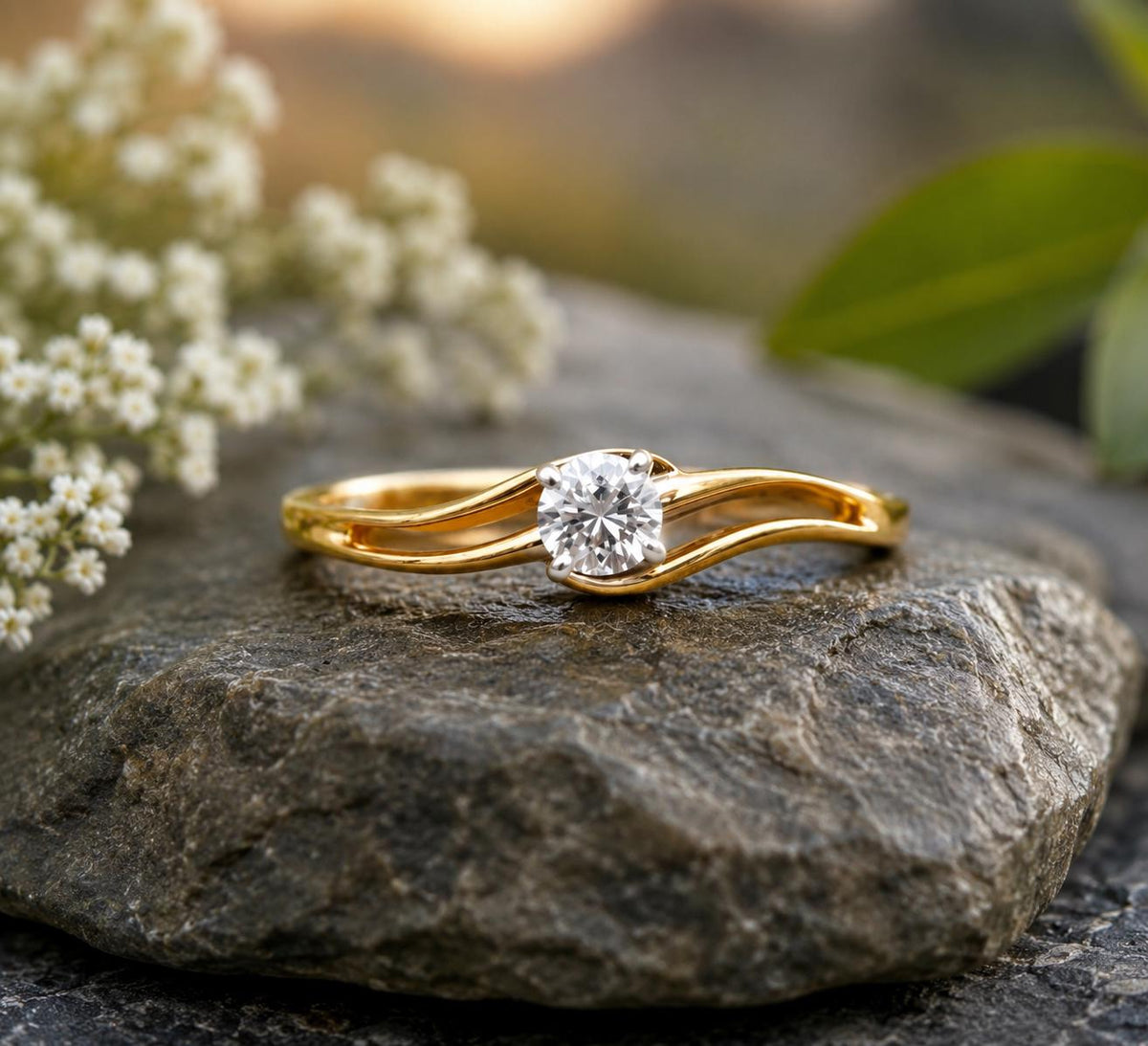 925 Sterling Silver Moissanite Engagement Ring, Round Solitaire, Double Wave Band