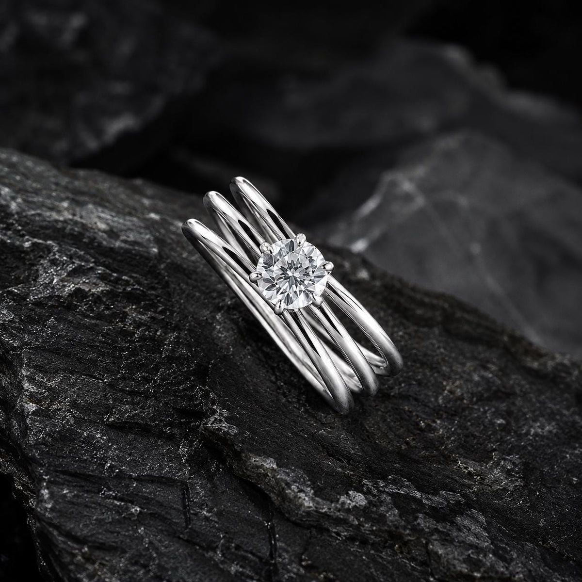 925 Sterling Silver Moissanite Triple Band Solitaire Ring