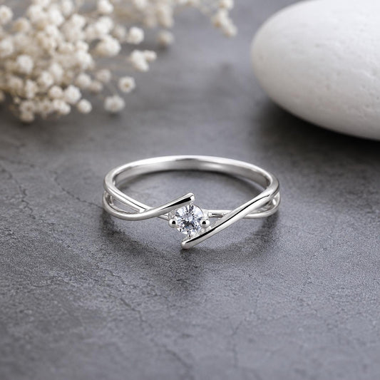 925 Sterling Silver Moissanite Solitaire Twist Ring, Minimalist Engagement Promise Band