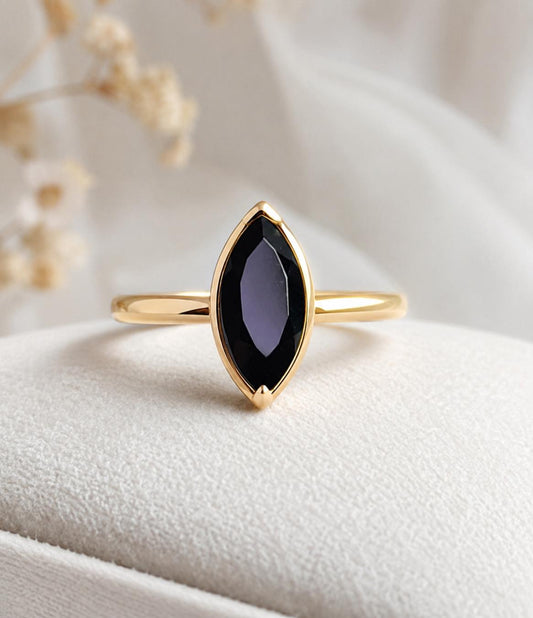 925 Sterling Silver Marquise Black Onyx Ring, Minimalist Statement Solitaire Jewelry
