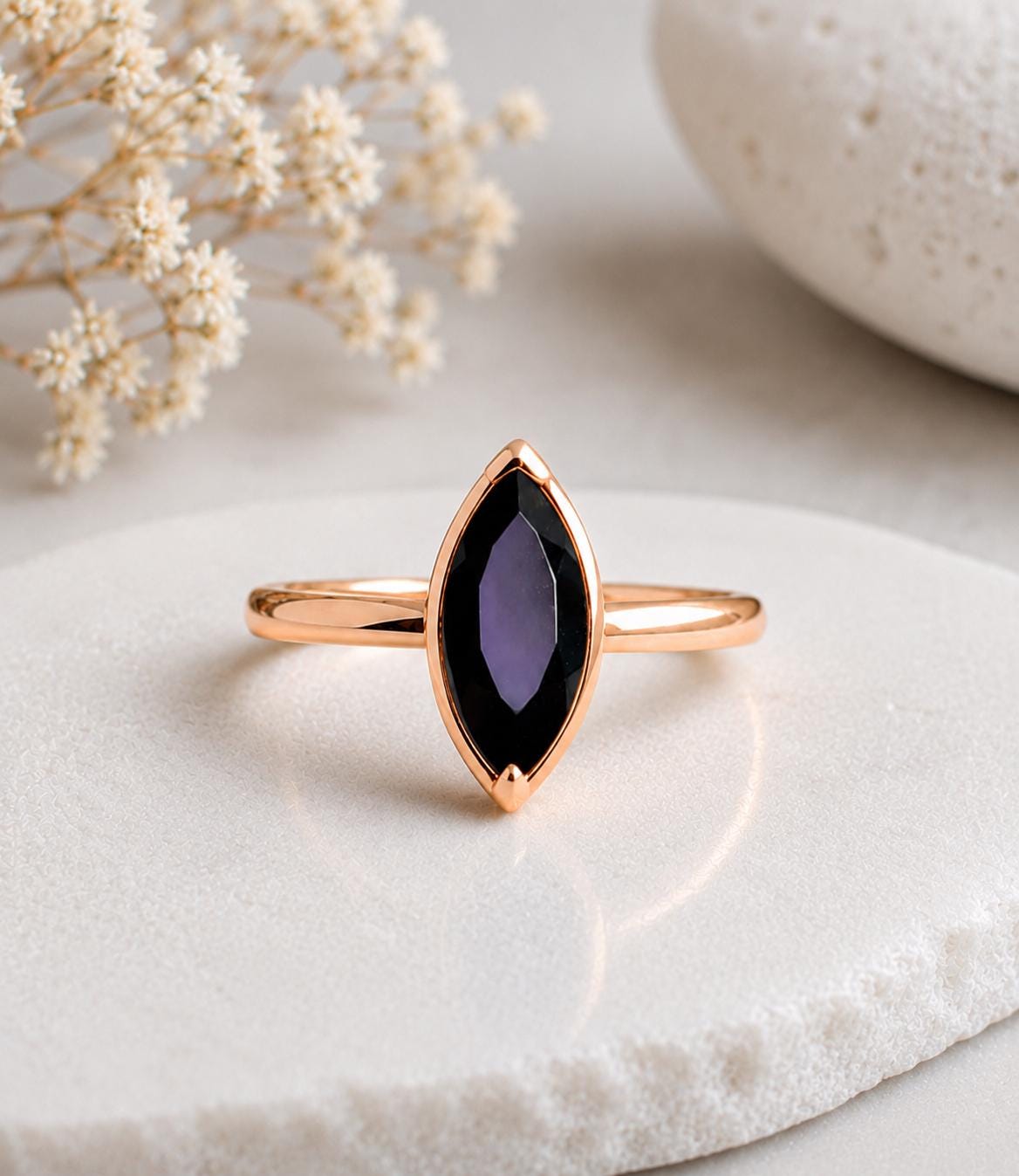 925 Sterling Silver Marquise Black Onyx Ring, Minimalist Statement Solitaire Jewelry