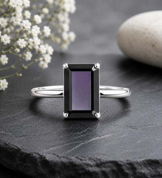 925 Sterling Silver Emerald Cut Black Onyx Solitaire Ring, Minimalist Statement Band