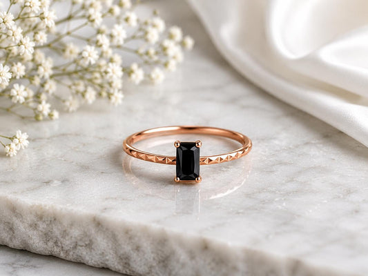 925 Sterling Silver Emerald Cut Black Onyx Solitaire Ring, Diamond-Cut Band