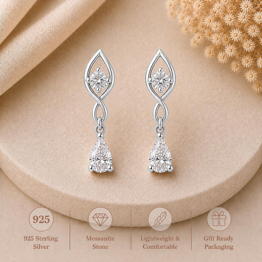 925 Sterling Silver Infinity Drop Earrings, Pear Moissanite Bridal Jewelry