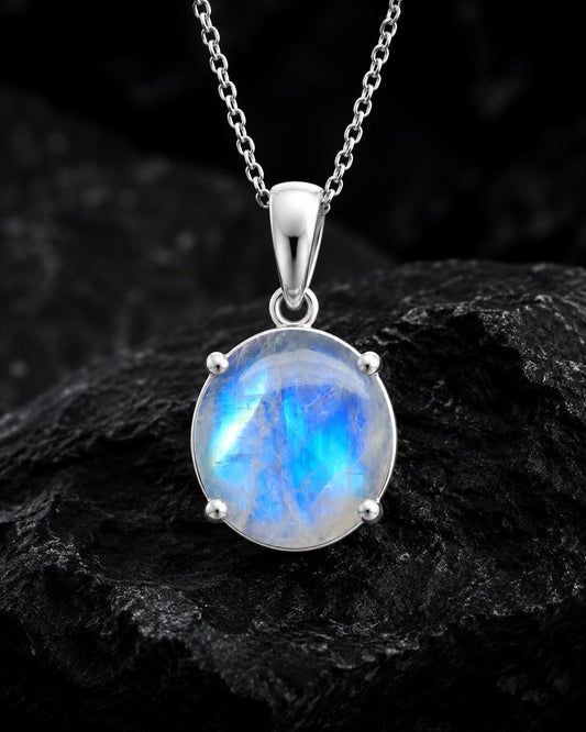 925 Sterling Silver Round Rainbow Moonstone Pendant Necklace, Minimalist Boho Jewelry