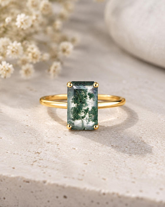 Natural Emerald Cut Moss Agate Ring, Sterling Silver Minimalist Solitaire