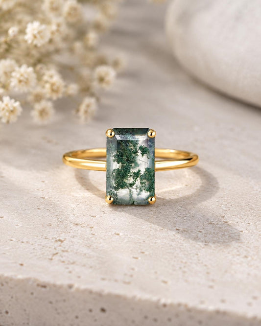 Natural Emerald Cut Moss Agate Ring, Sterling Silver Minimalist Solitaire