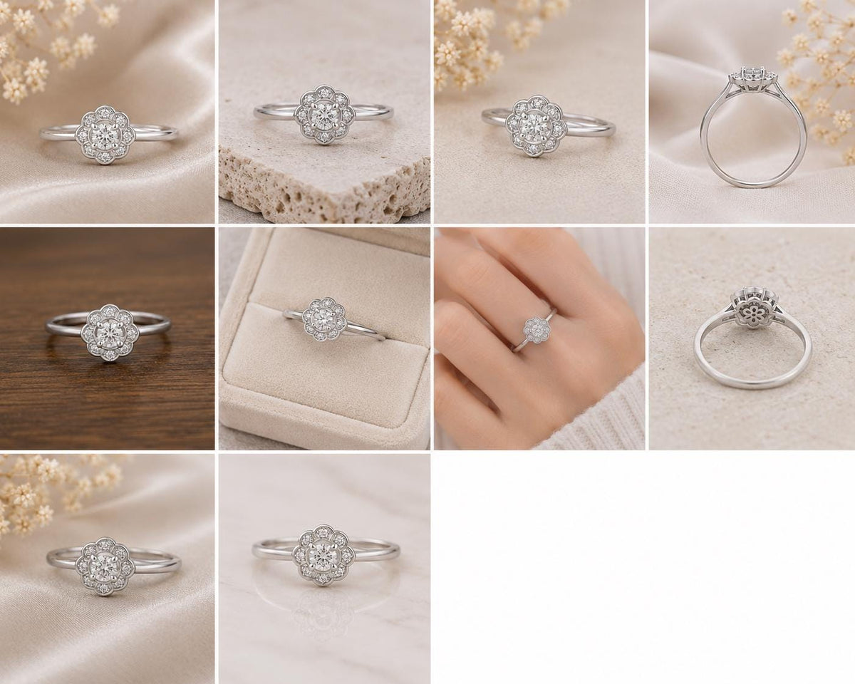 Sterling Silver Floral Halo Ring, Cubic Zirconia Daisy Promise Ring
