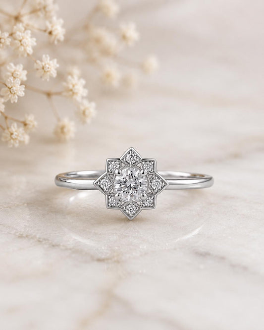 925 Sterling Silver Snowflake Ring, CZ Halo, Dainty Star Flower, Minimalist Promise Jewelry