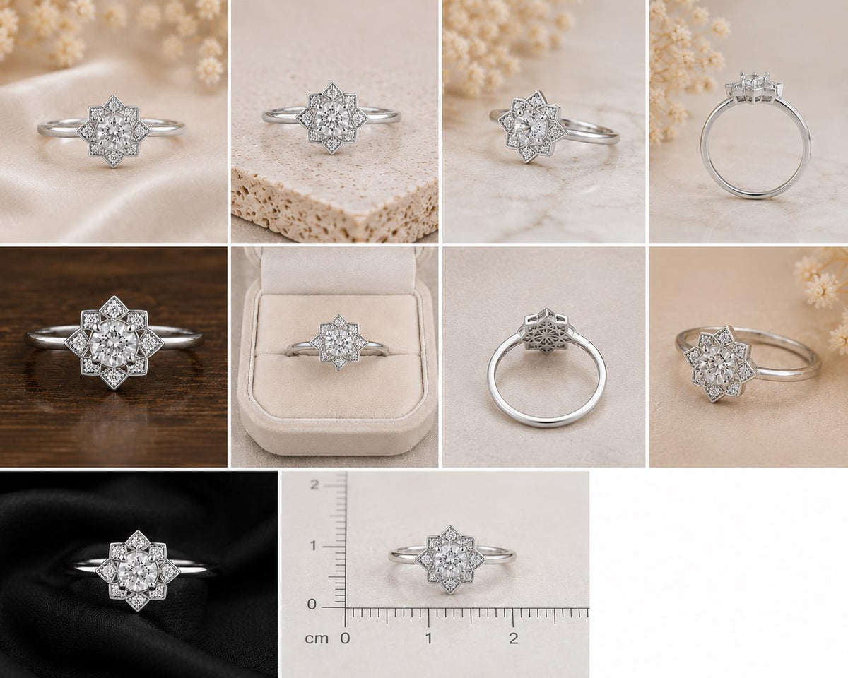 925 Sterling Silver Snowflake Ring, CZ Halo, Dainty Star Flower, Minimalist Promise Jewelry