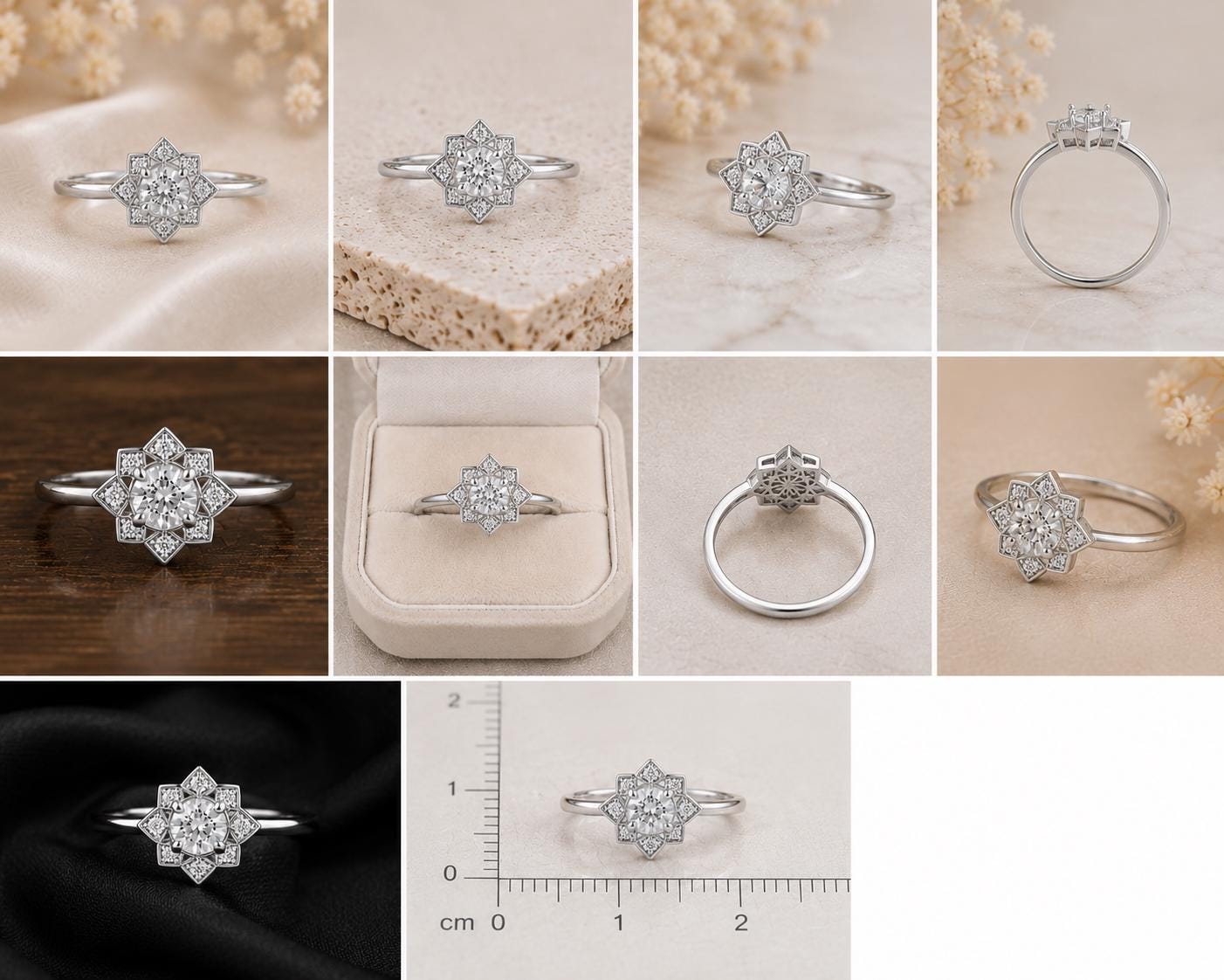 925 Sterling Silver Snowflake Ring, CZ Halo, Dainty Star Flower, Minimalist Promise Jewelry