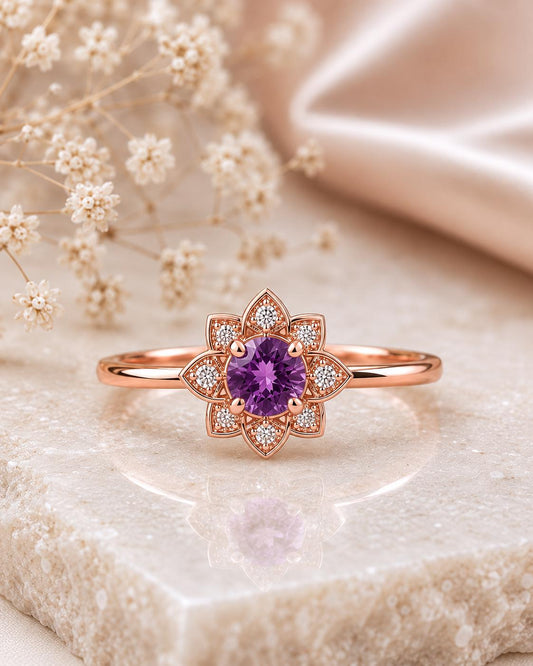 Sterling Silver Amethyst Floral Halo Ring, February Birthstone, Dainty Promise Ring