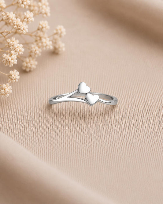 925 Sterling Silver Double Heart Ring, Minimalist Love Band, Dainty Promise Ring