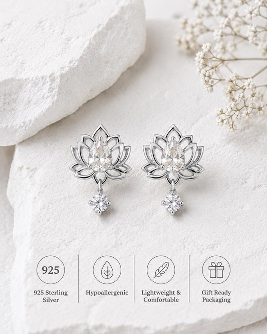 Sterling Silver Moissanite Lotus Drop Earrings, Dainty Floral Studs