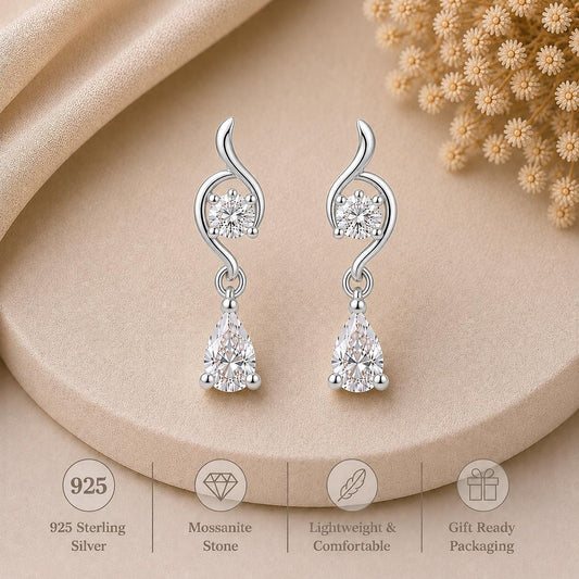 Sterling Silver Pear Cut Moissanite Drop Earrings, Bridal Wedding Dangle Jewelry