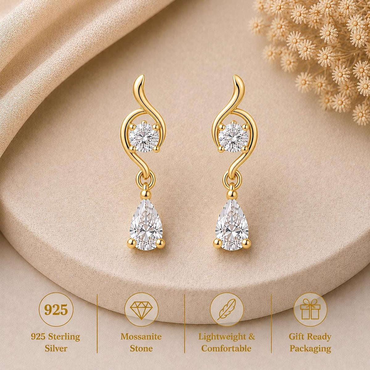 Sterling Silver Pear Cut Moissanite Drop Earrings | Bridal Wedding Dangle Jewelry