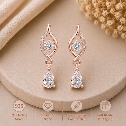 Sterling Silver Pear Cut Moissanite Dangle Earrings, Bridal Wedding Jewelry