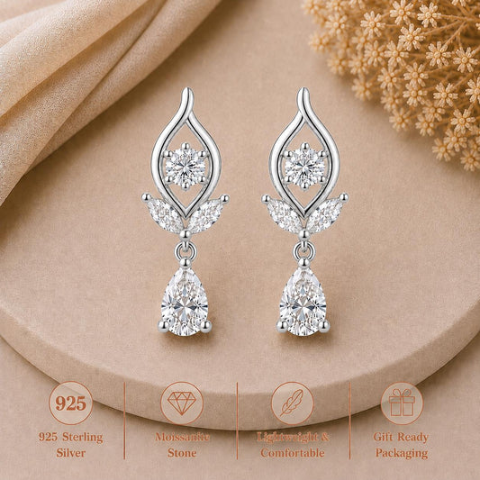 Moissanite Floral Drop Earrings, 925 Sterling Silver, Pear Cut Bridal Wedding Jewelry