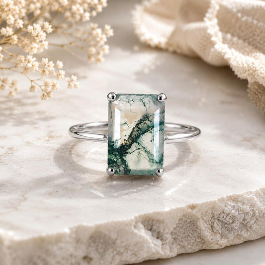 Natural Emerald Cut Moss Agate Ring, 925 Sterling Silver Solitaire Promise Ring