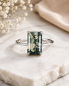 Natural Moss Agate Emerald Cut Ring, 925 Sterling Silver Solitaire Engagement Ring