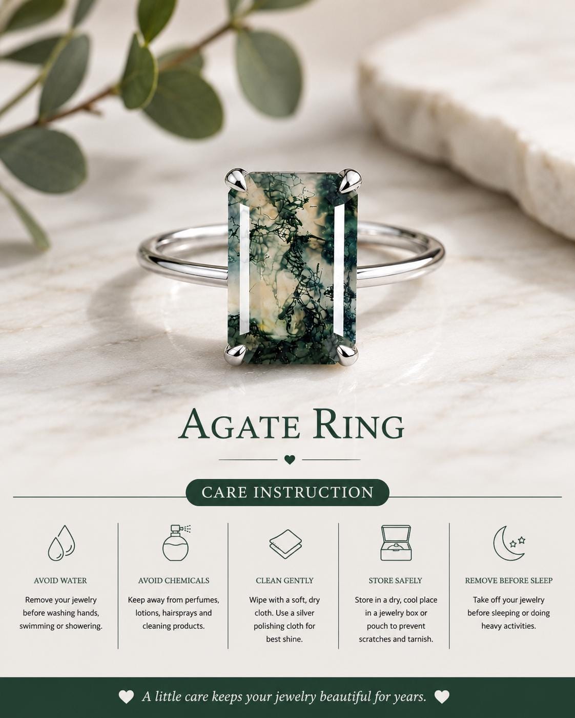 Natural Moss Agate Emerald Cut Ring, 925 Sterling Silver Solitaire Engagement Ring