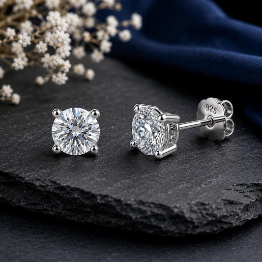 Moissanite Solitaire Stud Earrings, 925 Sterling Silver, Round Cut Bridal Jewelry