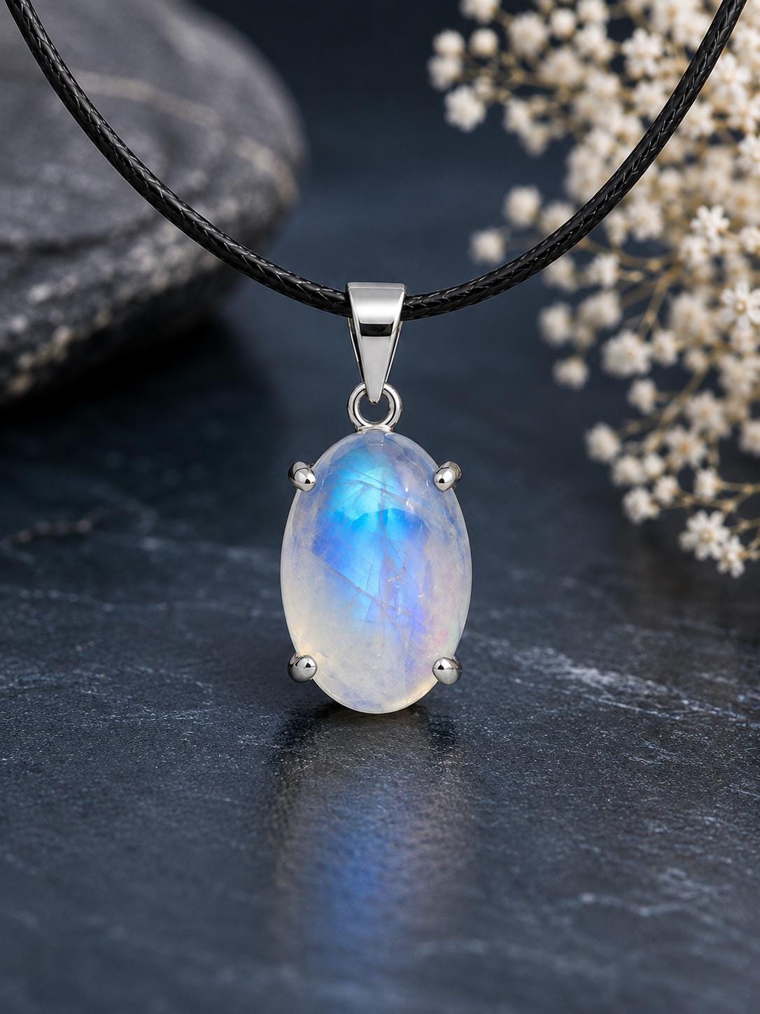 Natural Oval Moonstone Pendant, 925 Sterling Silver Cable Chain Necklace