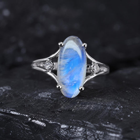Natural Oval Moonstone Ring, 925 Sterling Silver, Cabochon Gemstone, Vintage Solitaire, Boho Style