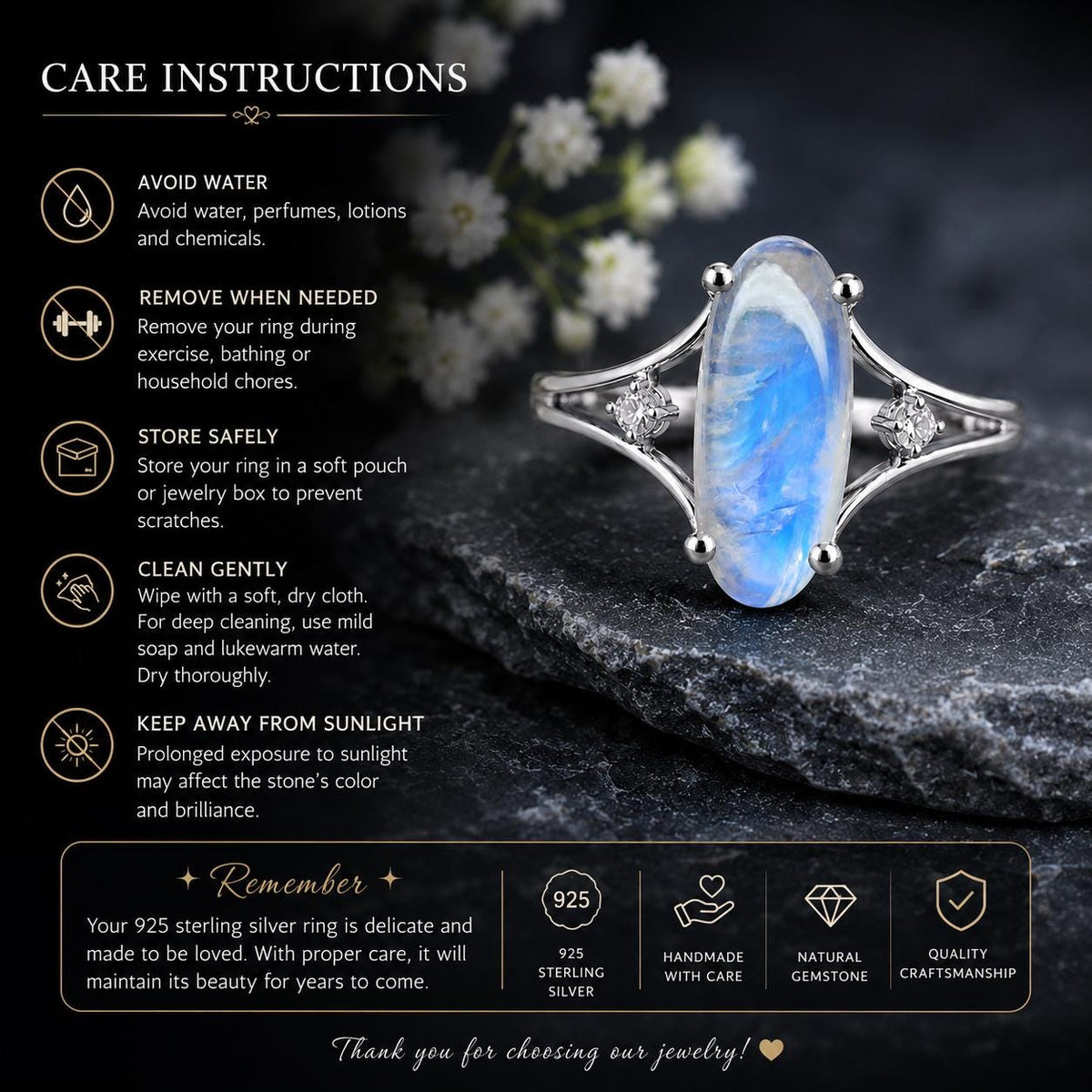 Natural Oval Moonstone Ring, 925 Sterling Silver, Cabochon Gemstone, Vintage Solitaire, Boho Style