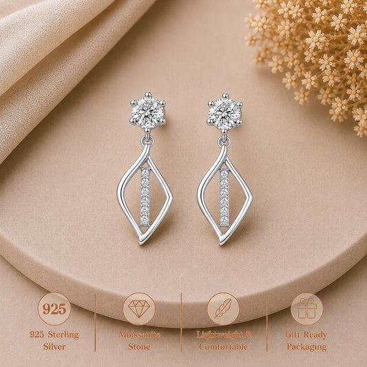 Sterling Silver Moissanite Drop Earrings: Geometric Dangle Bridal Jewelry