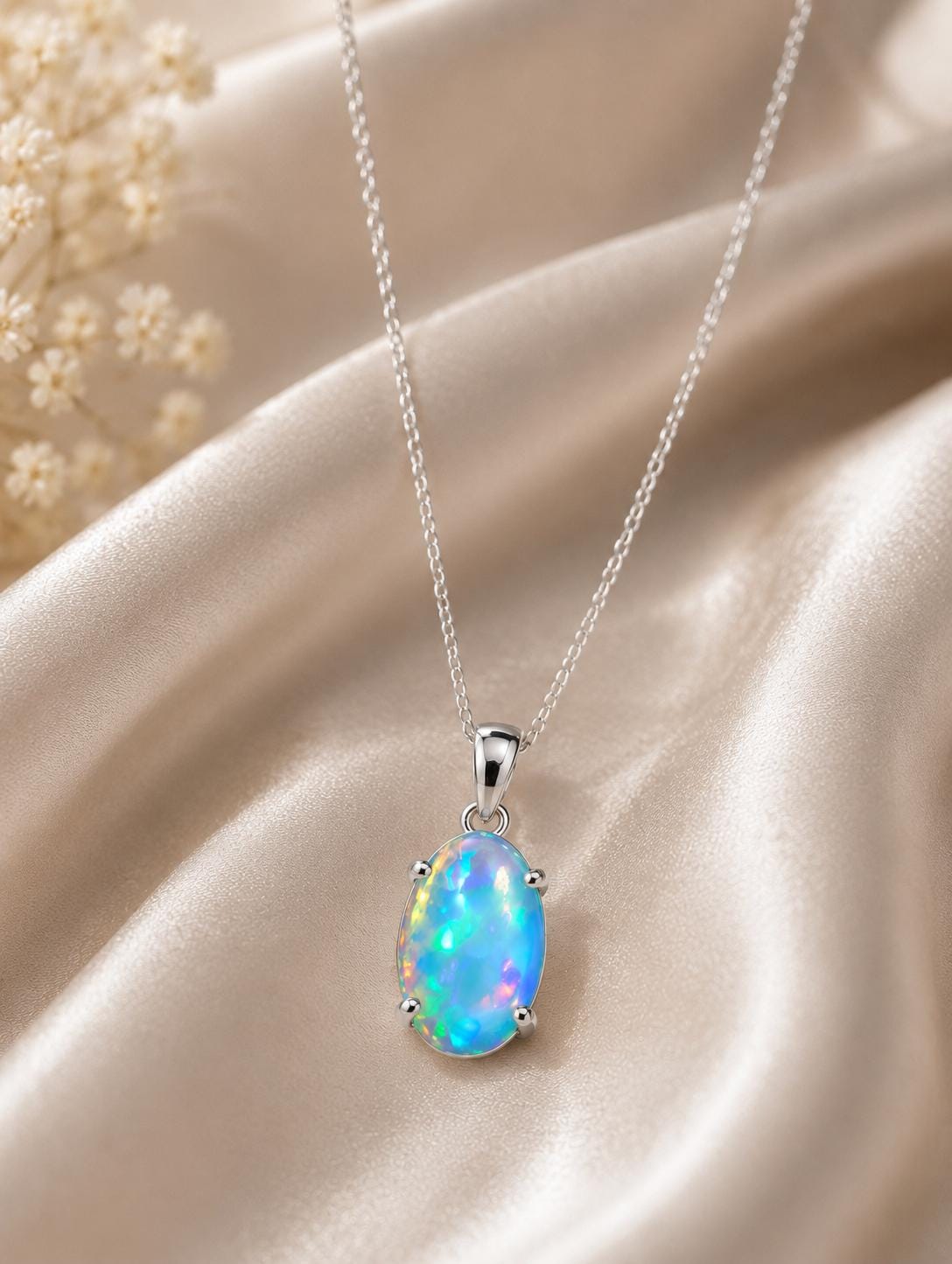 925 Sterling Silver Oval Opal Pendant Necklace, October Birthstone, Minimalist Solitaire Jewelry