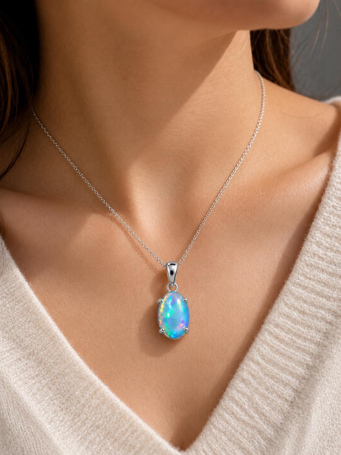 925 Sterling Silver Oval Opal Pendant Necklace, October Birthstone, Minimalist Solitaire Jewelry