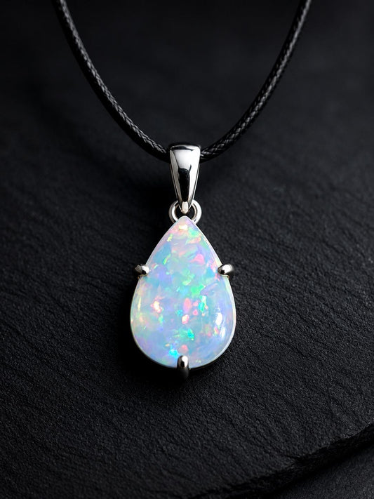 925 Sterling Silver Pear Opal Pendant Necklace, Teardrop October Birthstone Jewelry