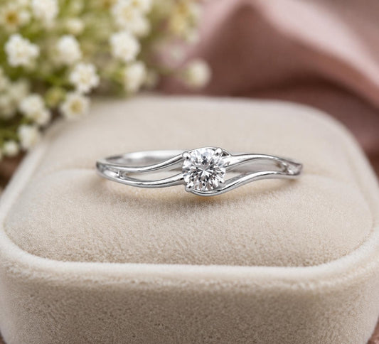 925 Sterling Silver Moissanite Engagement Ring, Round Solitaire, Double Wave Band