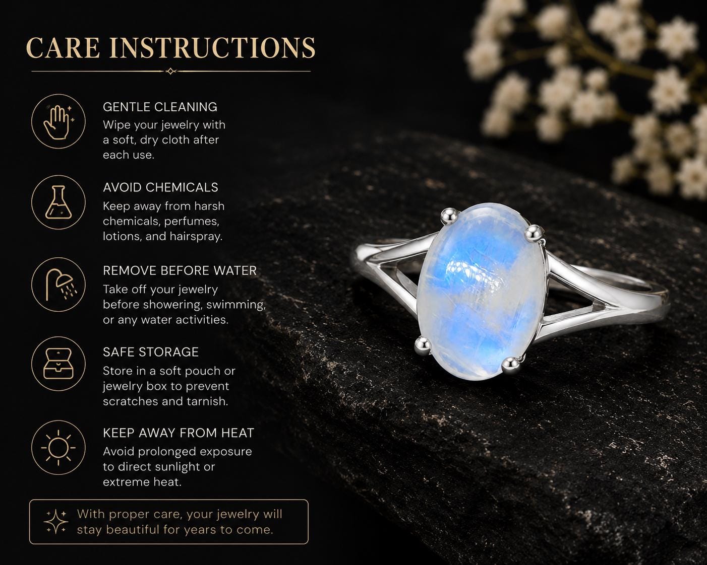 925 Sterling Silver Oval Moonstone Ring, Natural Blue Flash Solitaire Ring