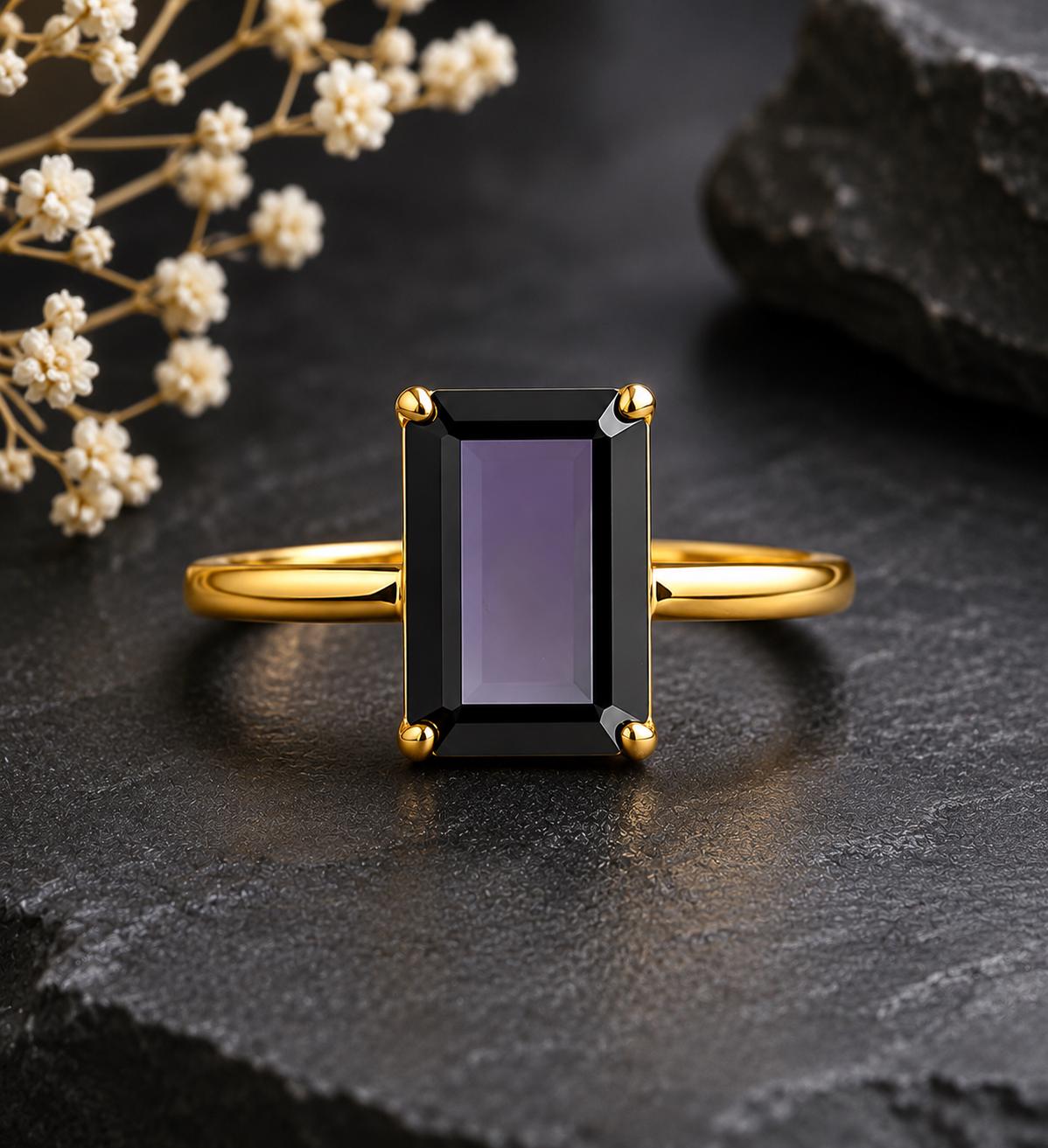 925 Sterling Silver Emerald Cut Black Onyx Solitaire Ring, Minimalist Statement Band