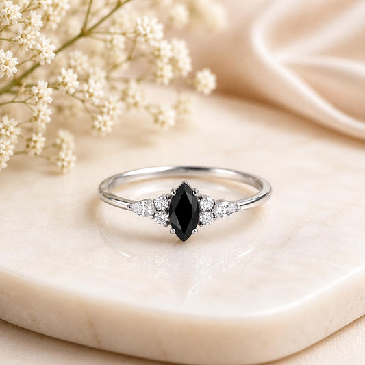 925 Sterling Silver Marquise Black Onyx Ring, Vintage Statement Ring