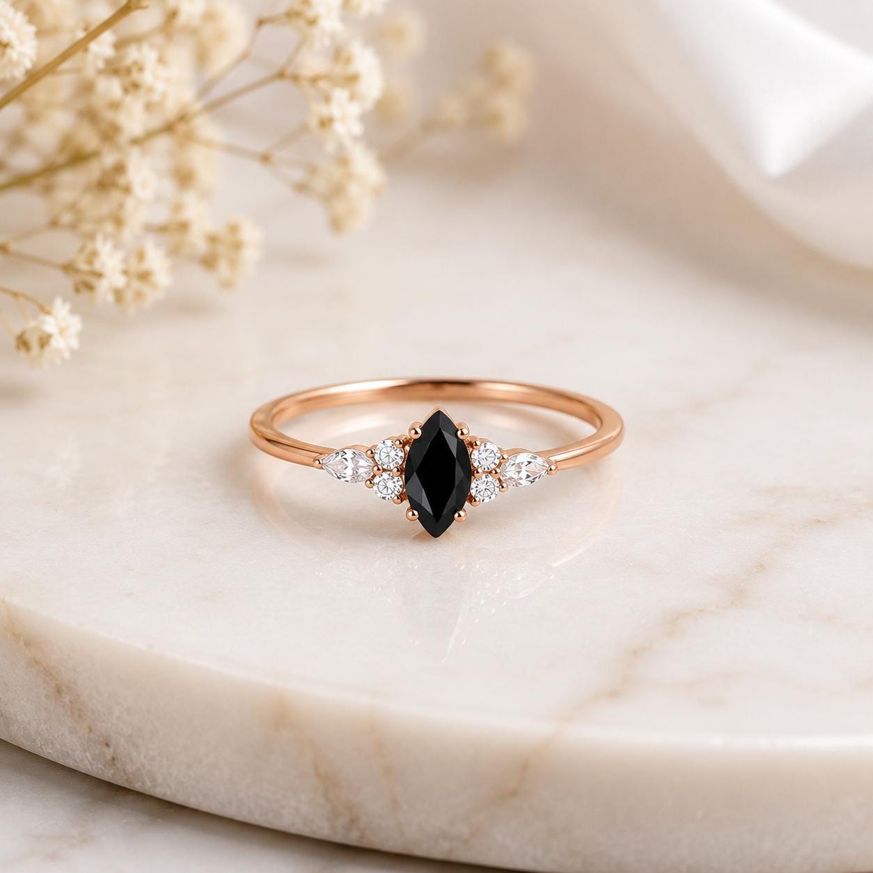 925 Sterling Silver Marquise Black Onyx Ring, Vintage Statement Ring