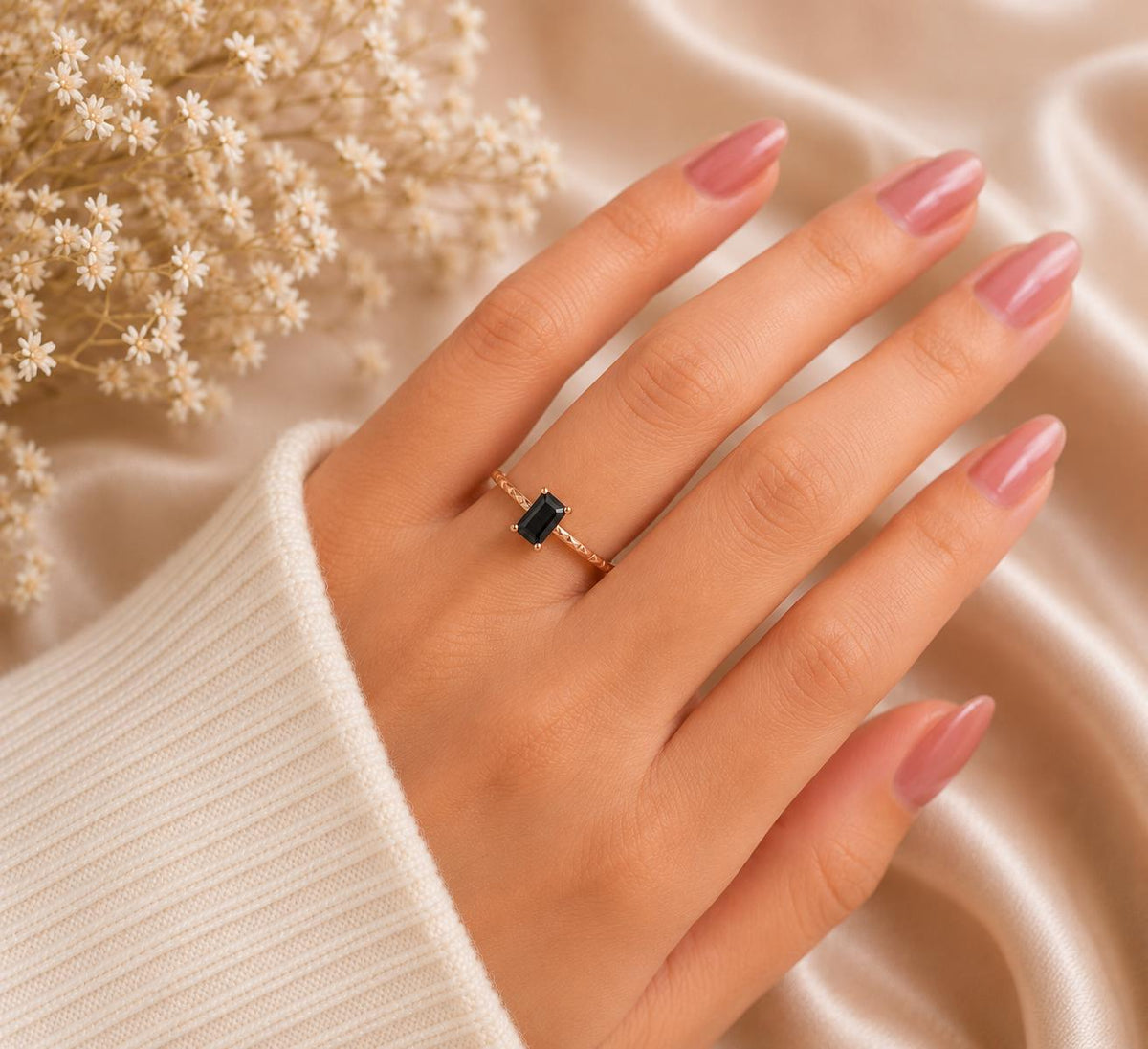 925 Sterling Silver Emerald Cut Black Onyx Solitaire Ring, Diamond-Cut Band