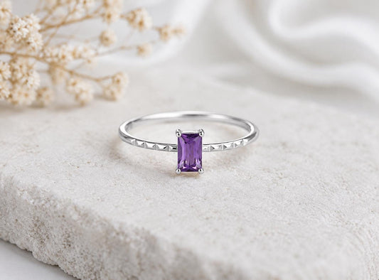 925 Sterling Silver Emerald Cut Amethyst Solitaire Ring, Diamond-Cut Band