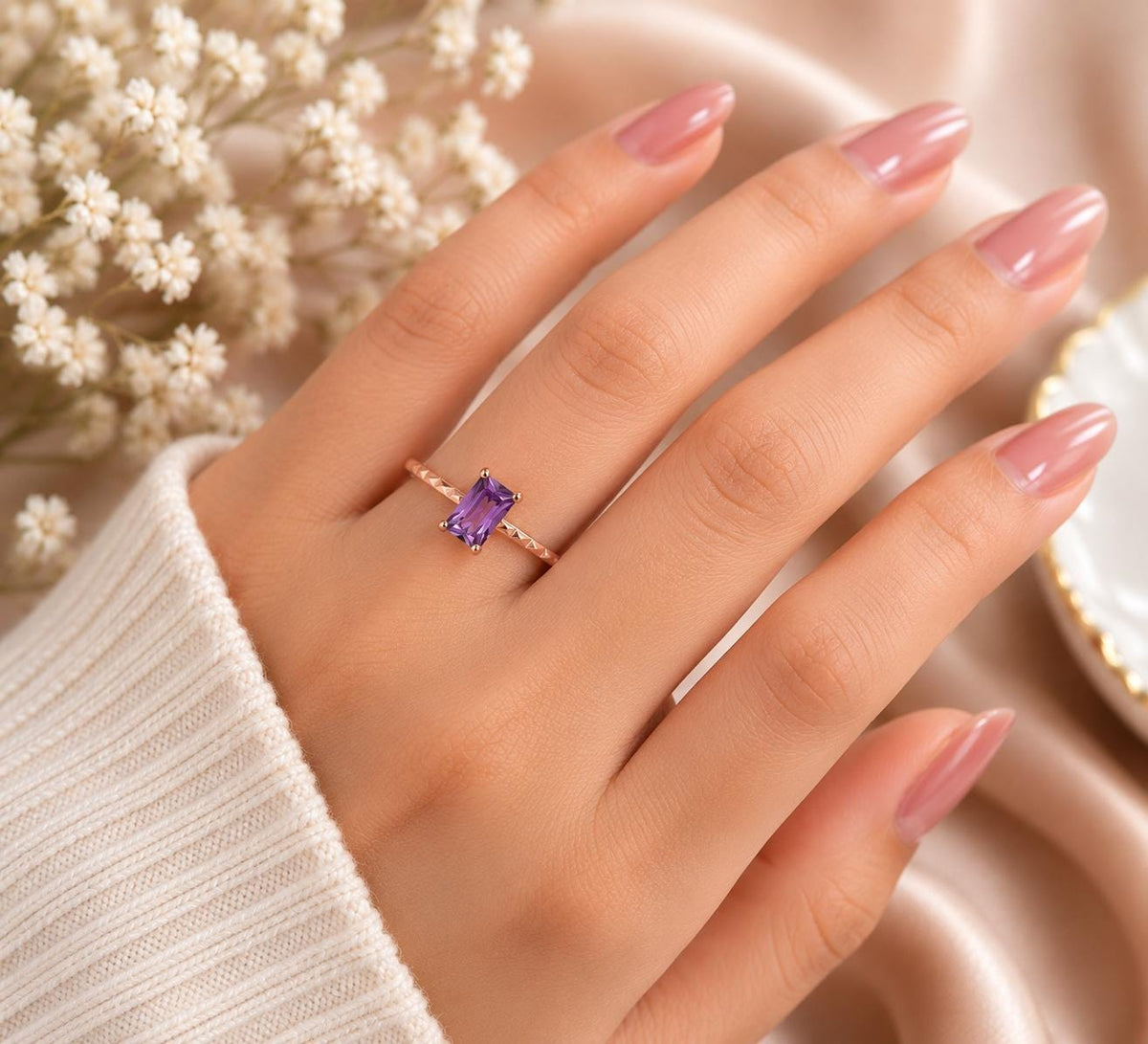 925 Sterling Silver Emerald Cut Amethyst Solitaire Ring, Diamond-Cut Band