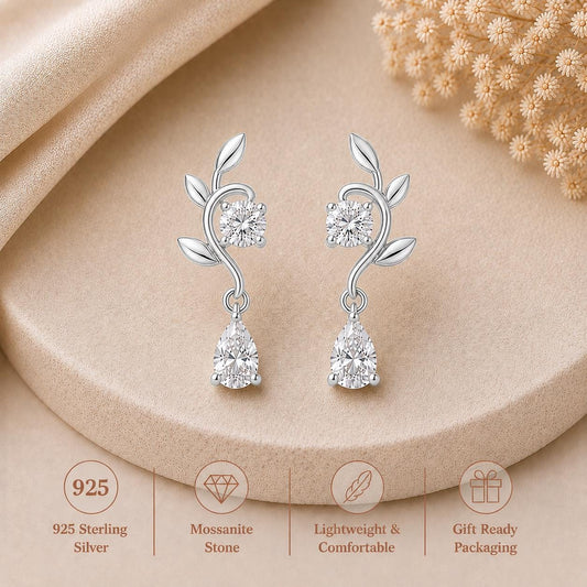 925 Sterling Silver Moissanite Leaf Drop Earrings, Nature Botanical Bridal Jewelry