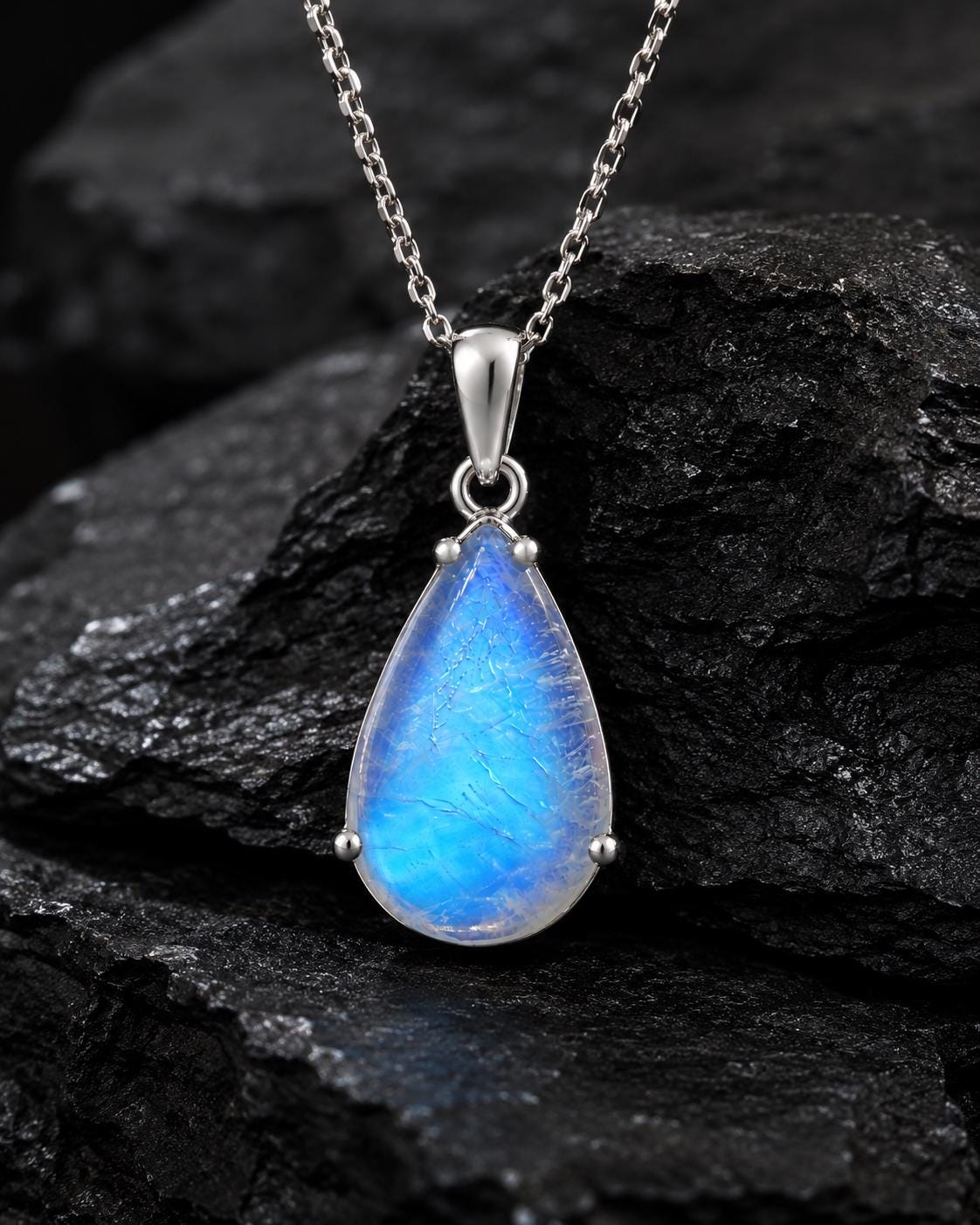 925 Sterling Silver Pear Moonstone Pendant Necklace, Minimalist Blue Flash Gemstone