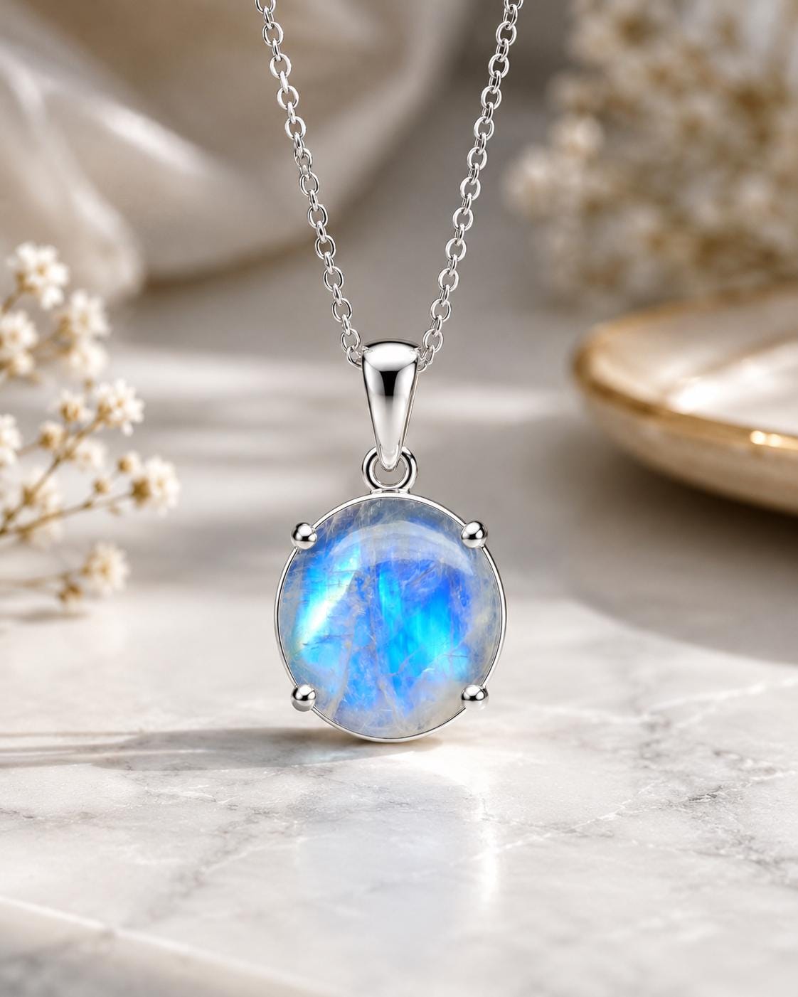 925 Sterling Silver Round Rainbow Moonstone Pendant Necklace, Minimalist Boho Jewelry