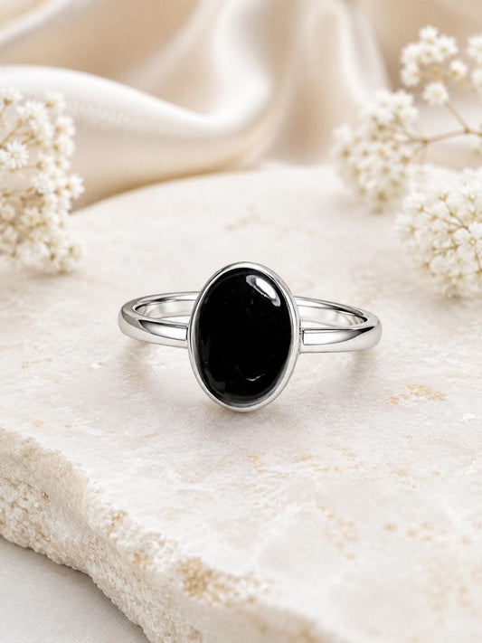 925 Sterling Silver Oval Black Onyx Ring, Minimalist Bezel Setting Gemstone Ring