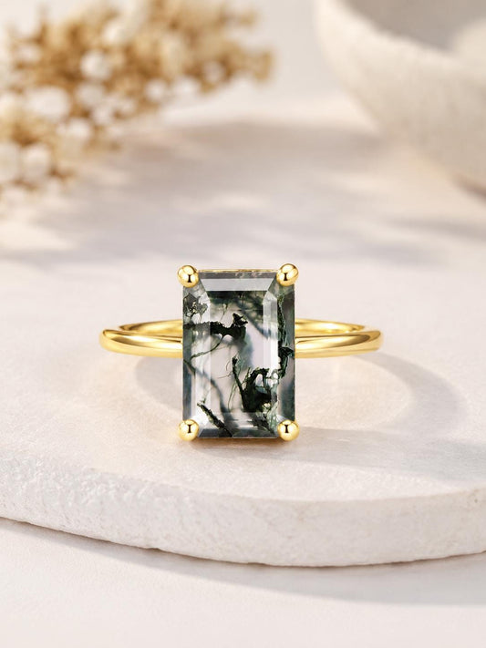 925 Sterling Silver Emerald Cut Moss Agate Ring, Minimalist Solitaire Nature Gemstone
