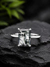925 Sterling Silver Emerald Cut Moss Agate Ring, Minimalist Solitaire Nature Gemstone